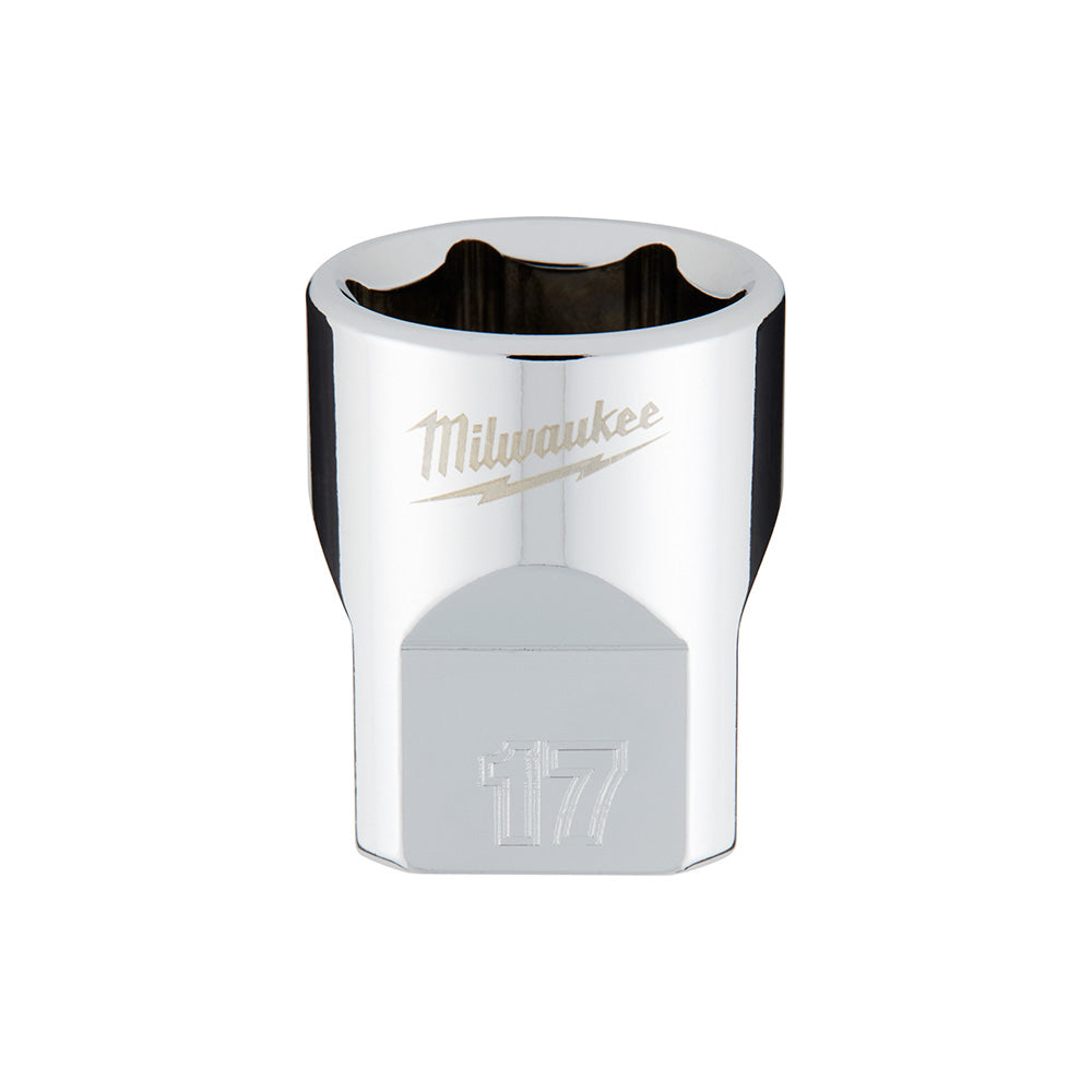 Silver and black Milwaukee 17mm metric 6-point socket with 3/8 inch drive, showing hexagonal opening.