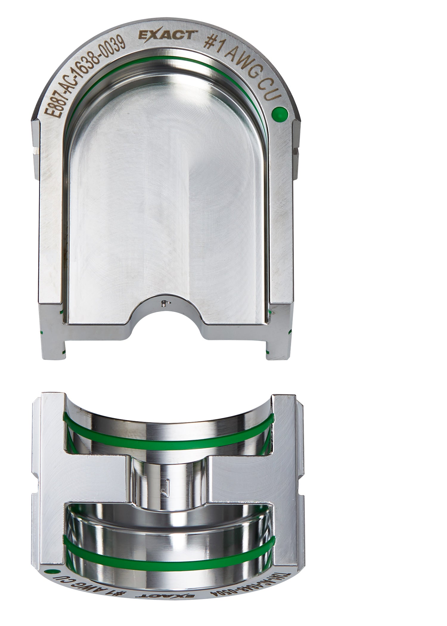 Silver aluminum U-style die with green bands, shown from top and bottom views with curved pressing surfaces.