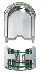 Silver aluminum U-style die with green bands, shown from top and bottom views with curved pressing surfaces.