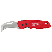 Red folding knife with silver curved blade, blunt tip, and Milwaukee branding on handle.