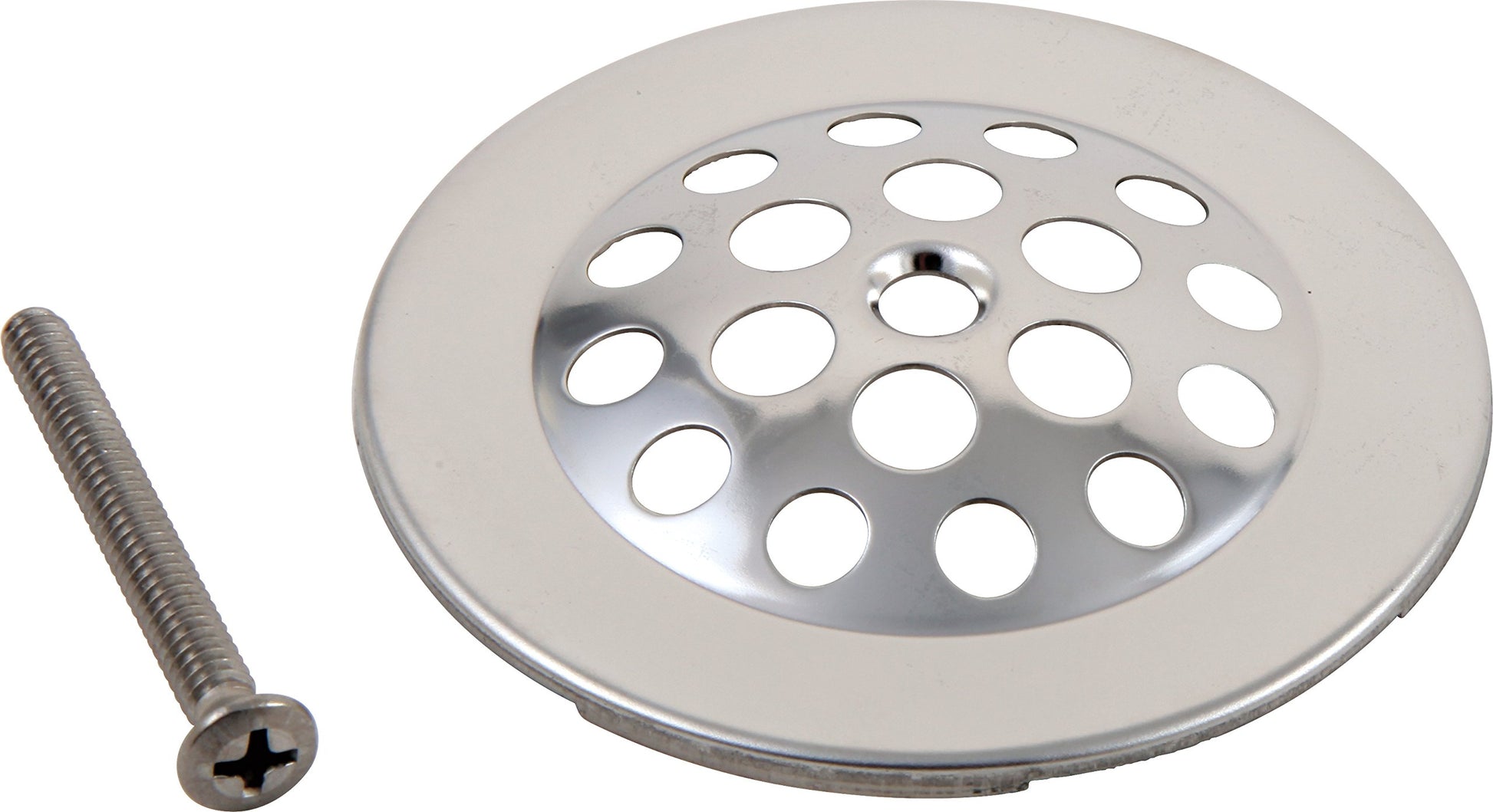 Chrome dome strainer with multiple drainage holes and matching screw-in fastener.