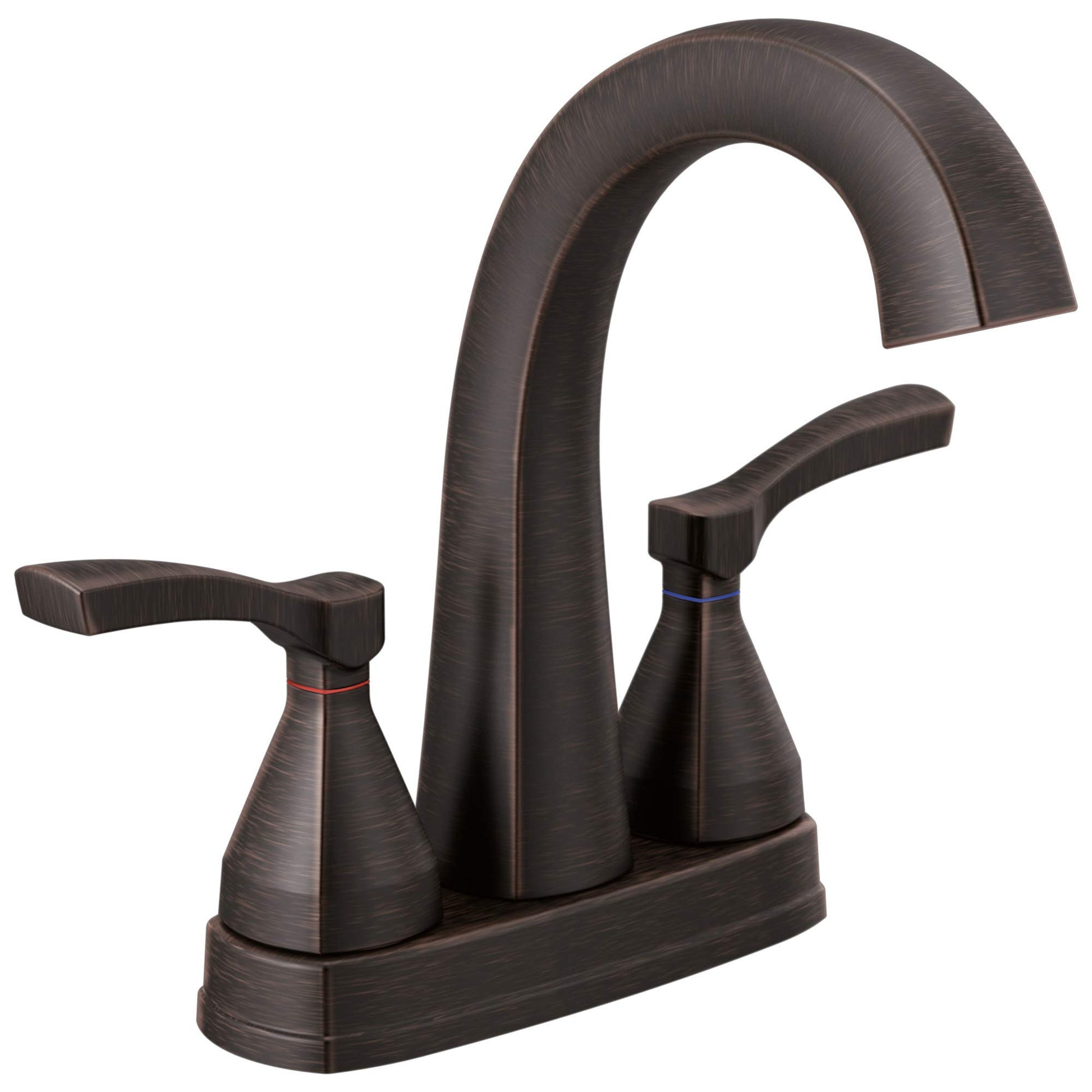 Bronze two-handle bathroom faucet with curved spout and pop-up drain assembly.