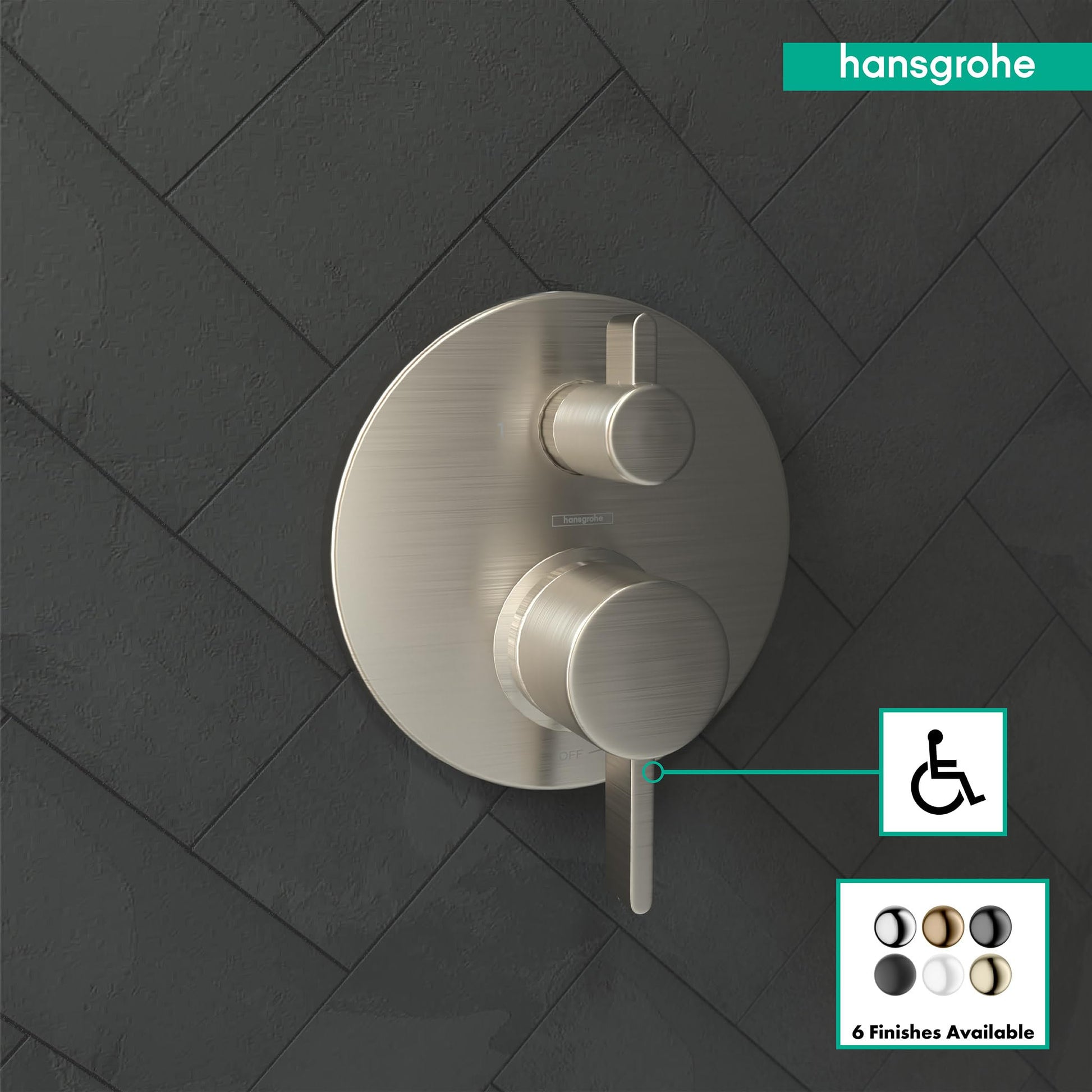 Brushed nickel round pressure balance valve trim with two circular knobs and diverter lever on herringbone tile background.