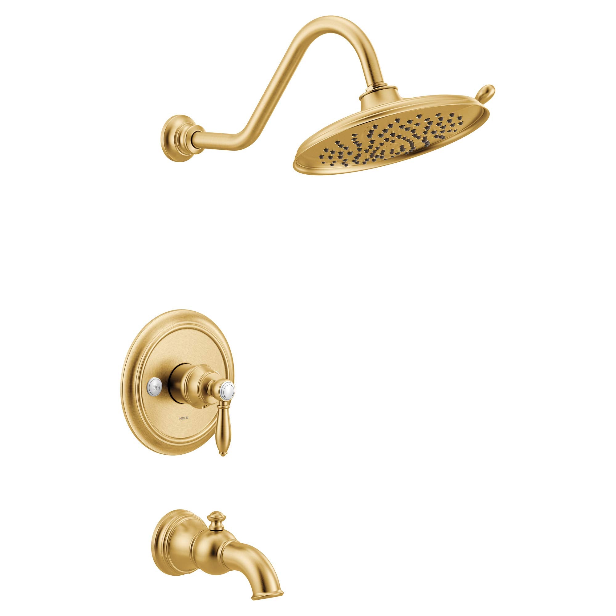 Brushed gold tub and shower trim kit with curved wall-mount arm, overhead rainfall showerhead, valve trim with single handle,