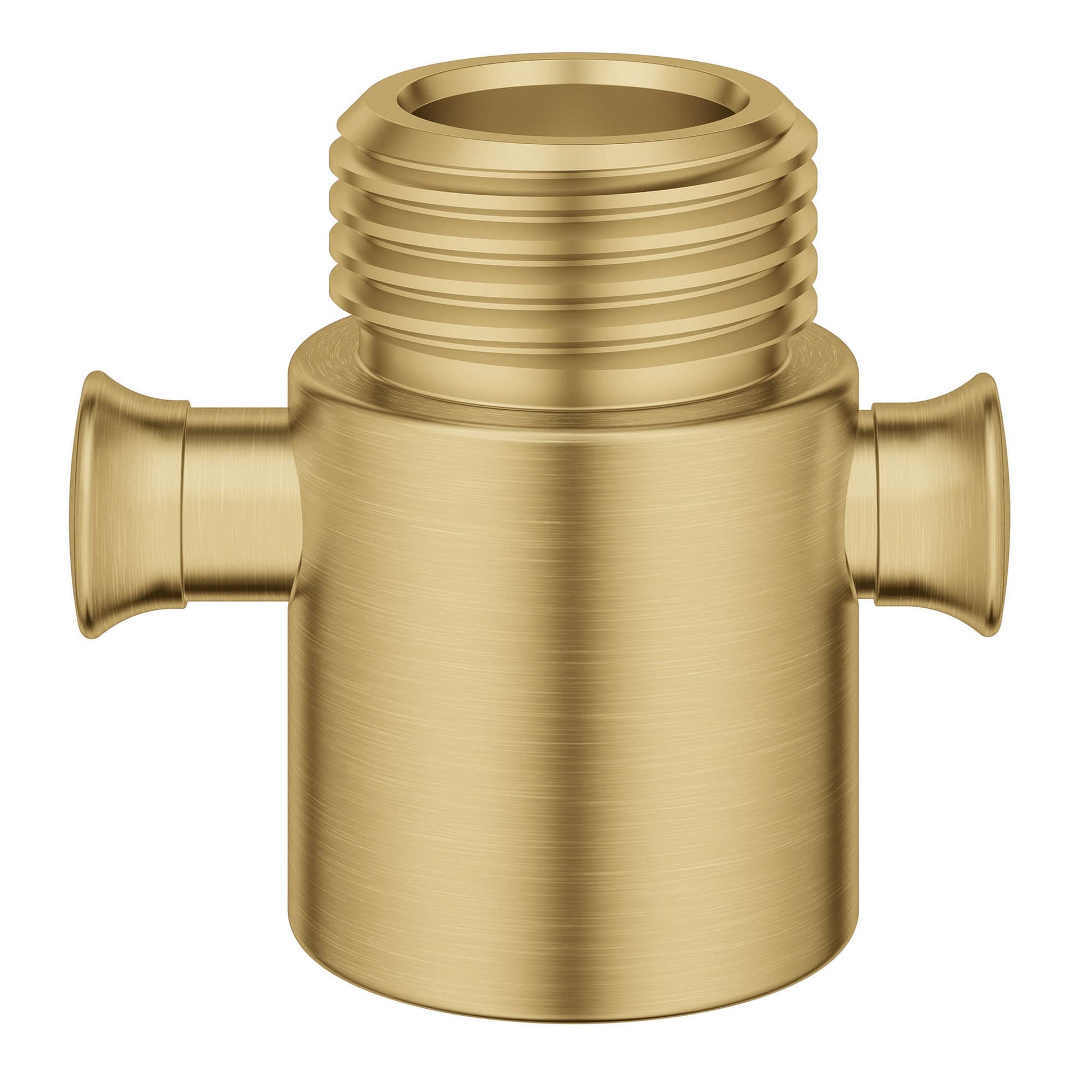 Brushed gold cylindrical volume control valve with threaded top and two side ports for shower connection.