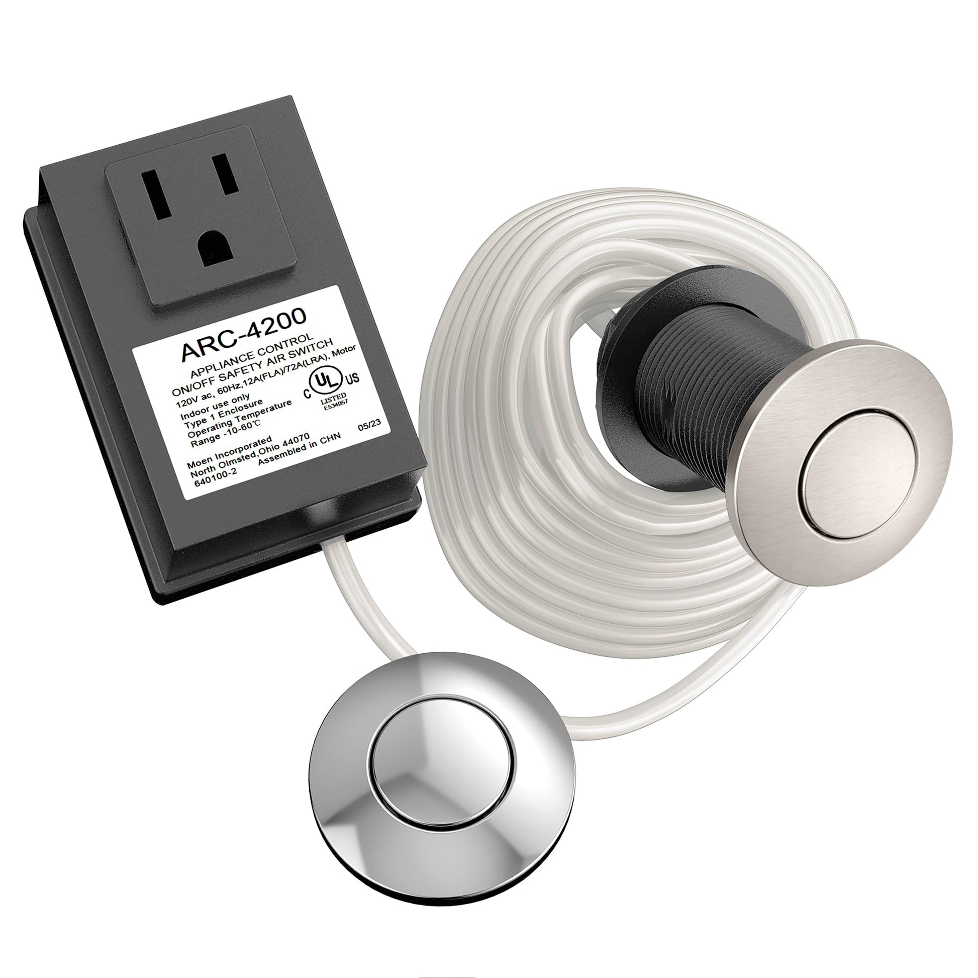 Chrome air switch controller for garbage disposal with wall outlet adapter and two round button switches connected by tubing.
