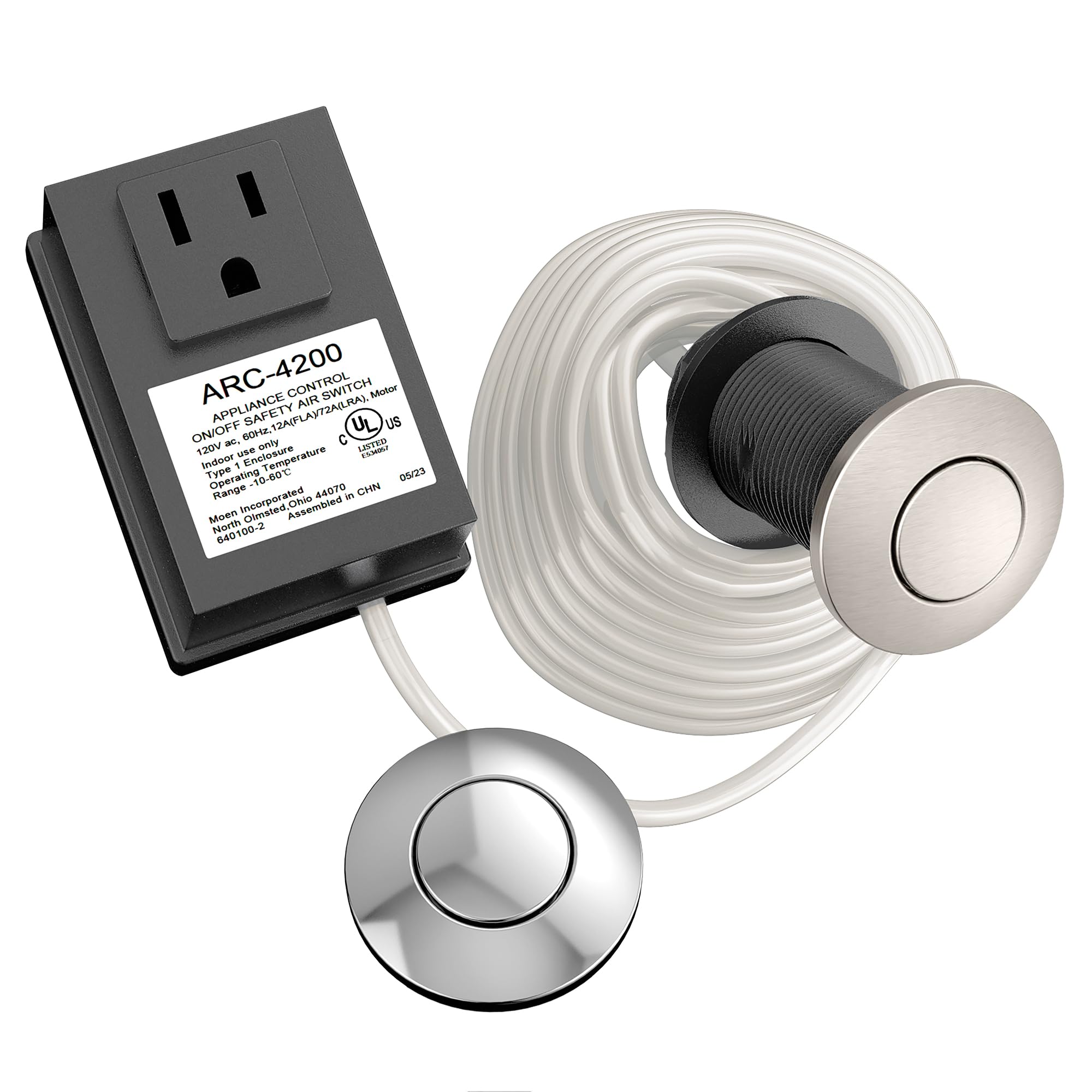 Chrome air switch controller for garbage disposal with wall outlet adapter and two round button switches connected by tubing.