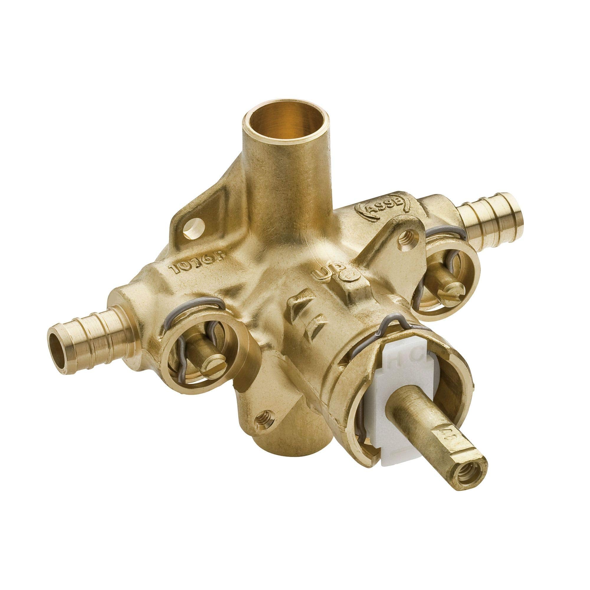 Brass pressure balancing valve with multiple PEX crimp ring connections and mounting bracket.