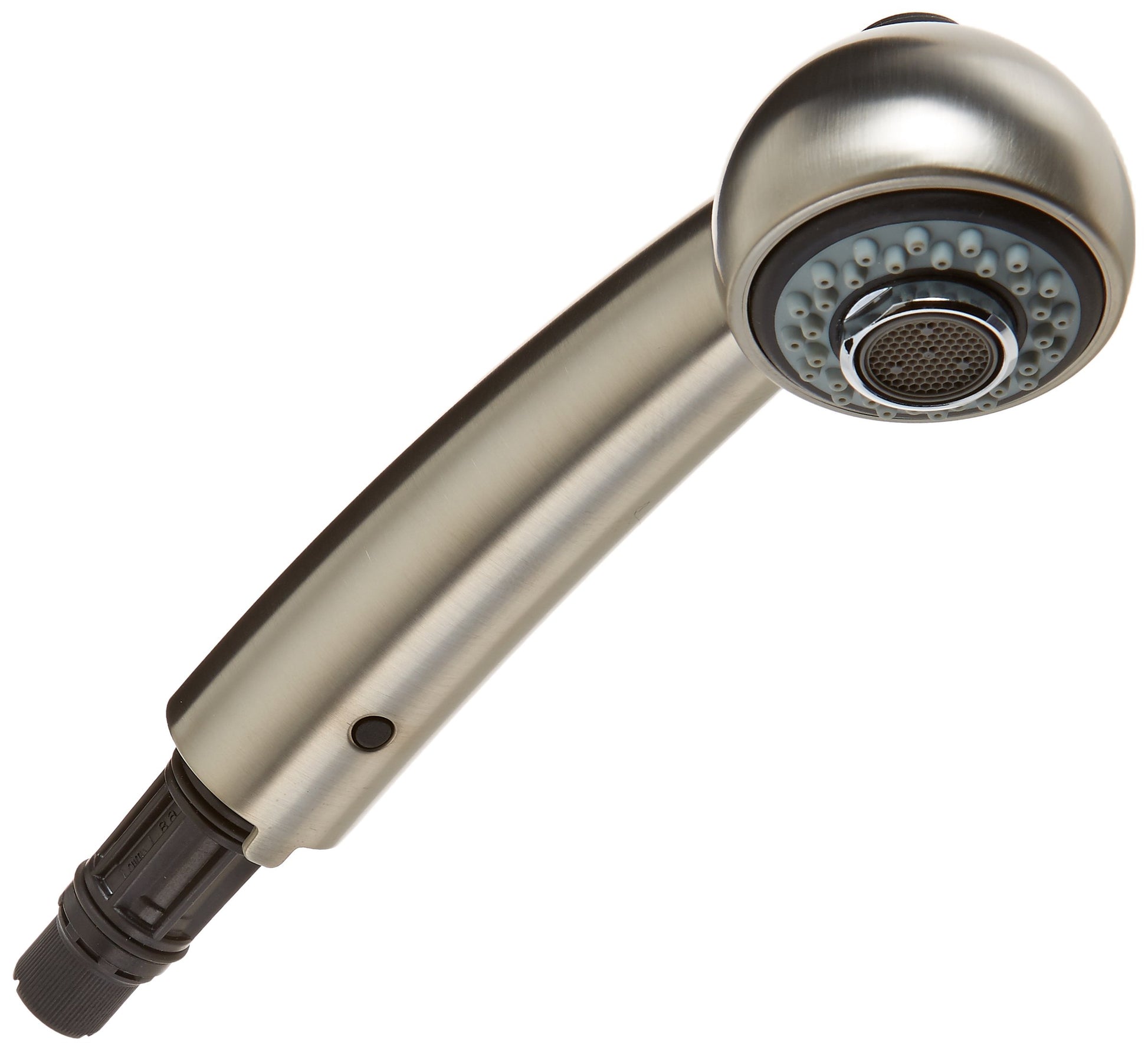 Stainless steel pull-out wand assembly with spherical showerhead and perforated spray face.