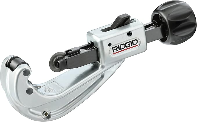 RIDGID quick acting tubing cutter with white and black housing, adjustable cutting wheel, and handle grip.