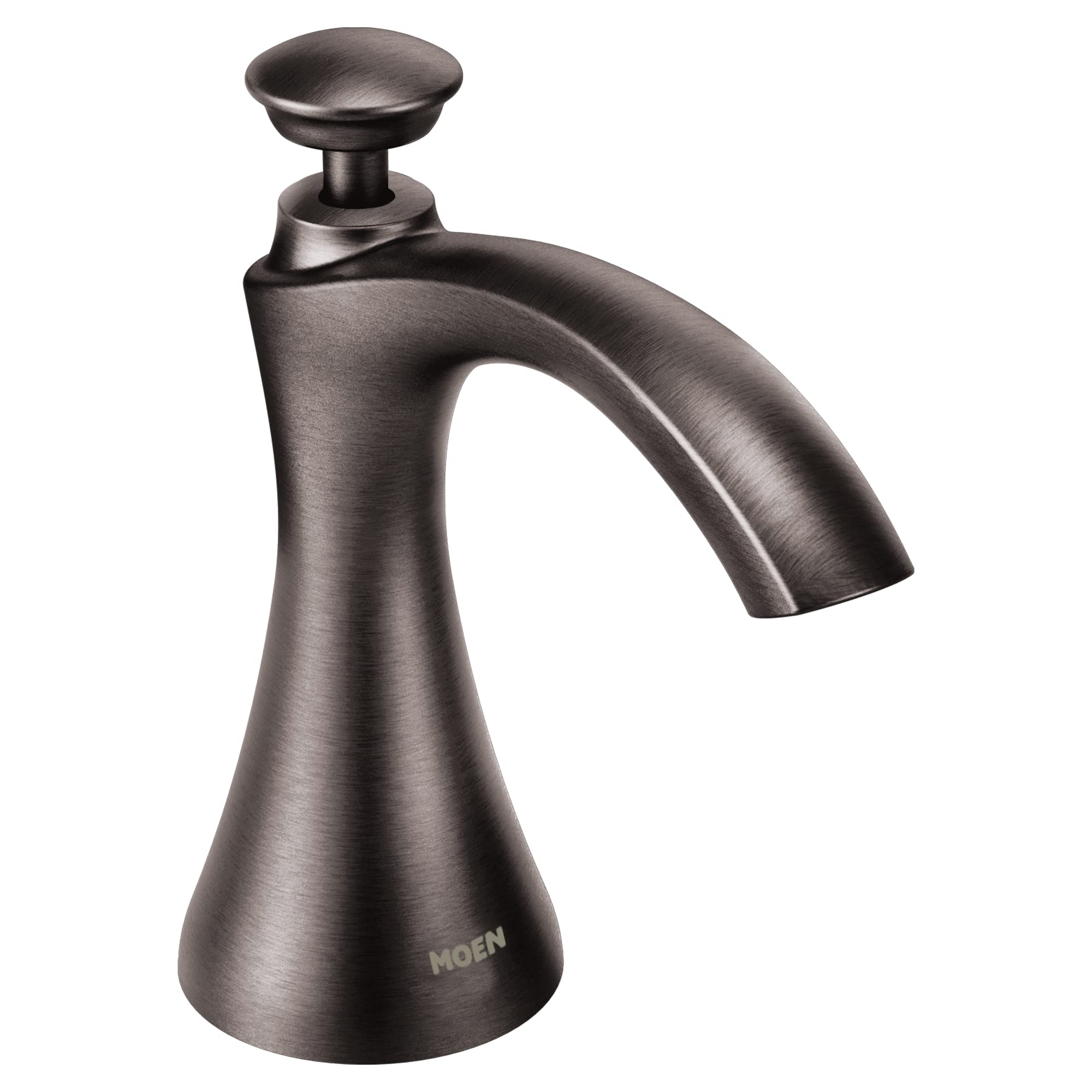 Black stainless steel kitchen soap and lotion dispenser with curved spout and rounded pump top.