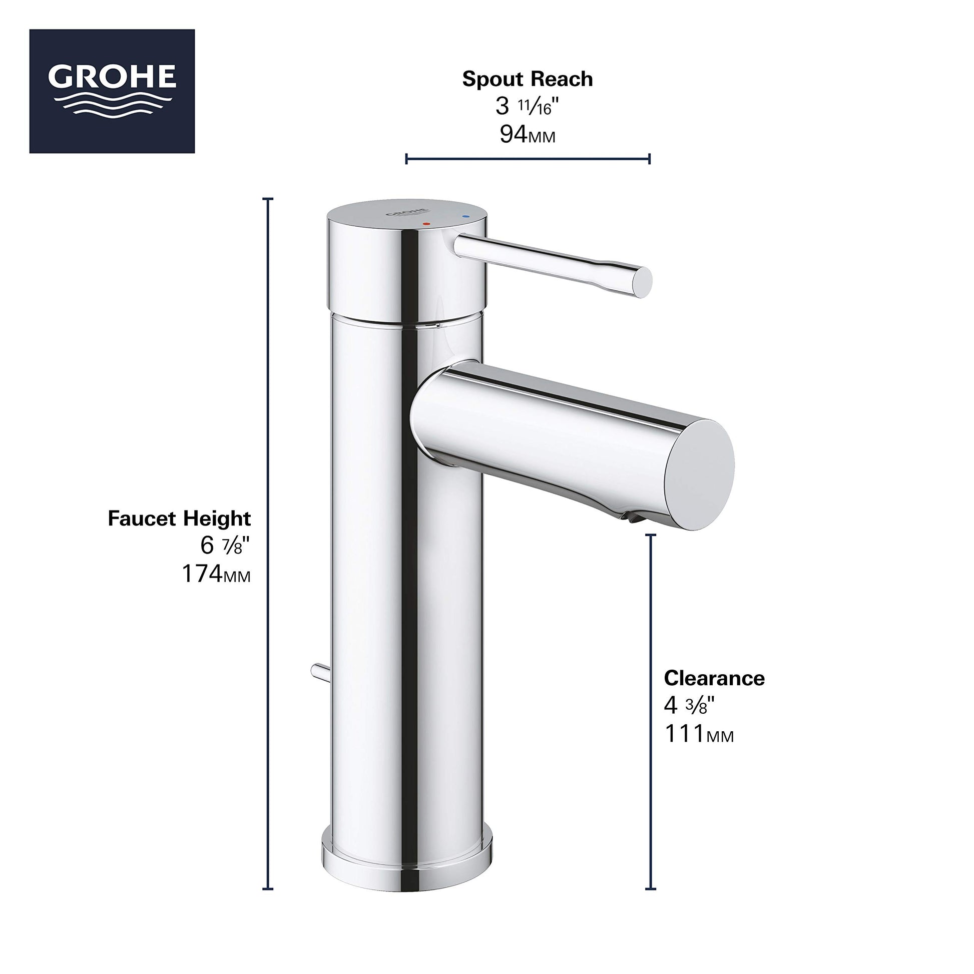 Grohe Essence single-handle bathroom faucet with cylindrical chrome body, side spout, and dimension specifications displayed.