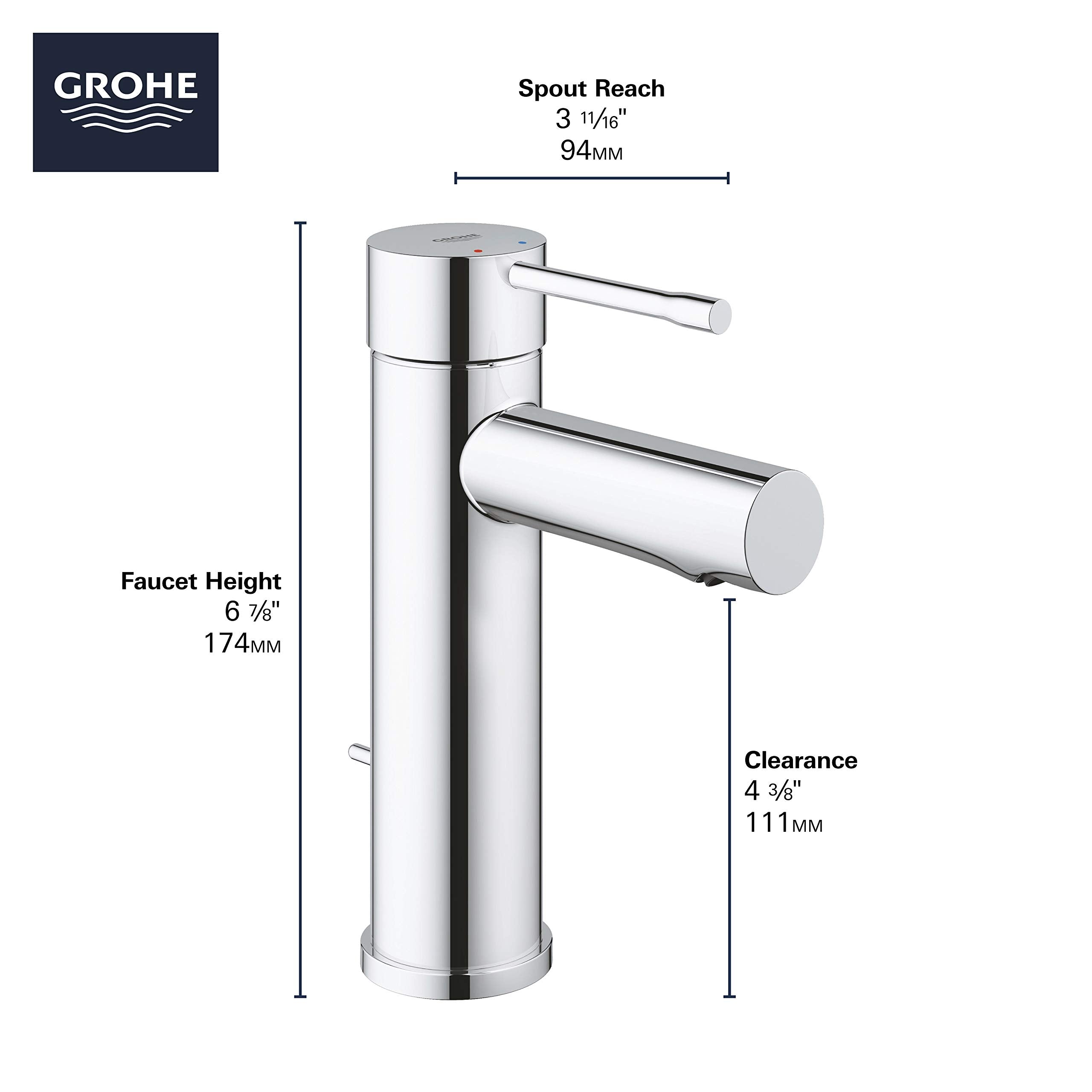 Grohe Essence single-handle bathroom faucet with cylindrical chrome body, side spout, and dimension specifications displayed.