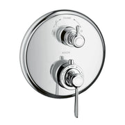 Chrome circular thermostatic shower valve trim with two lever handles, one marked "CLOSE" and one marked with temperature set
