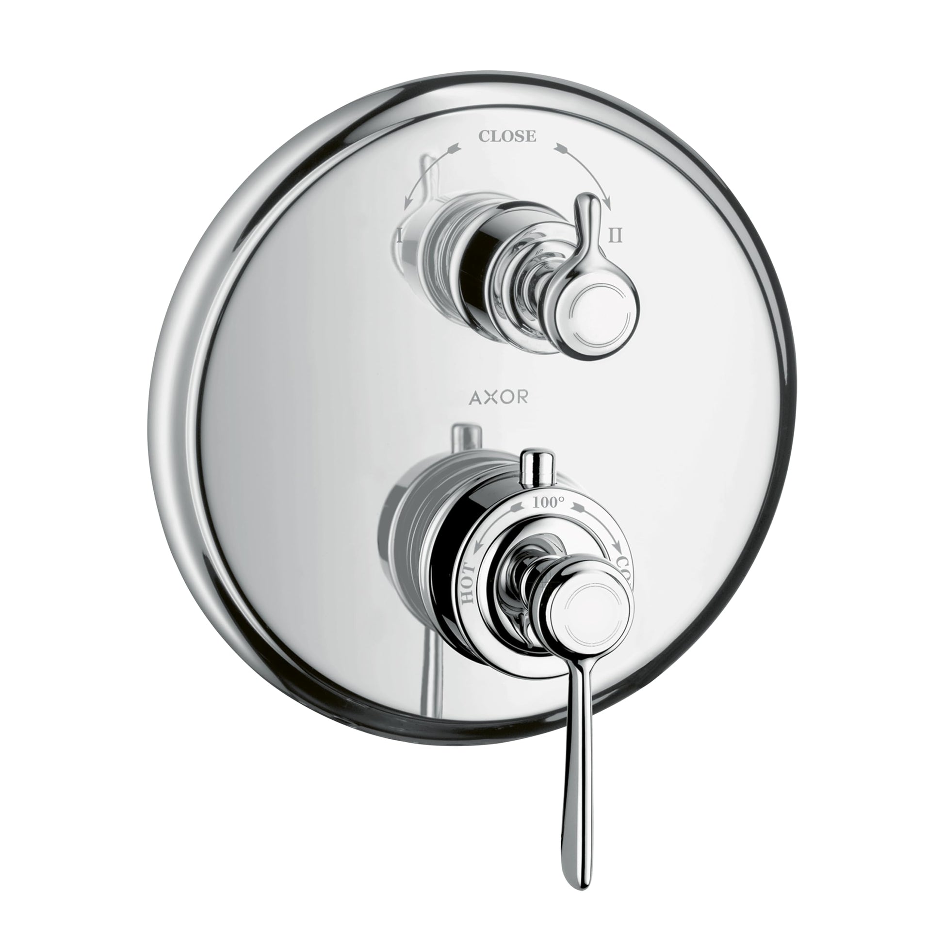 Chrome circular thermostatic shower valve trim with two lever handles, one marked "CLOSE" and one marked with temperature set
