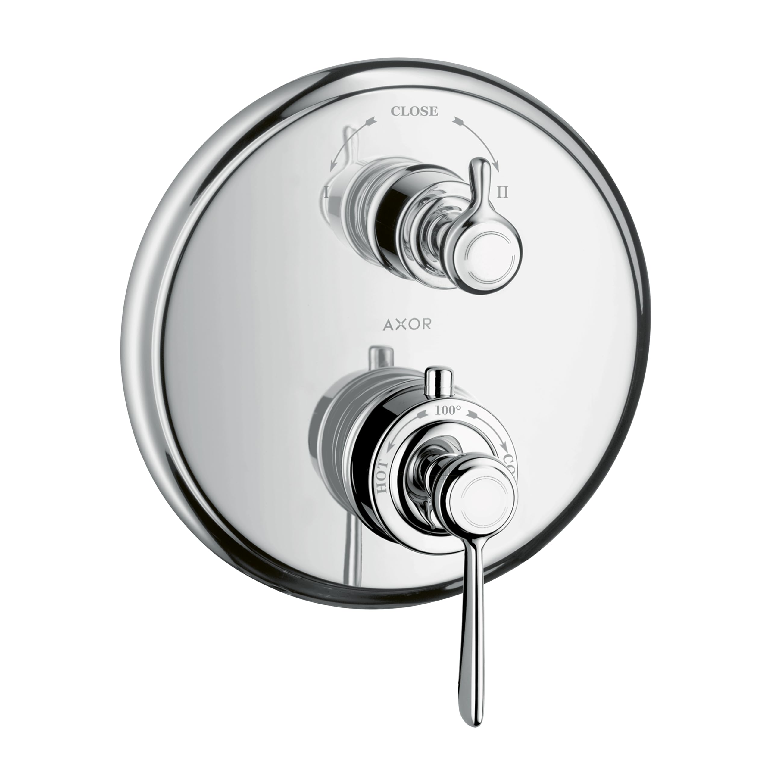 Chrome circular thermostatic shower valve trim with two lever handles, one marked "CLOSE" and one marked with temperature set