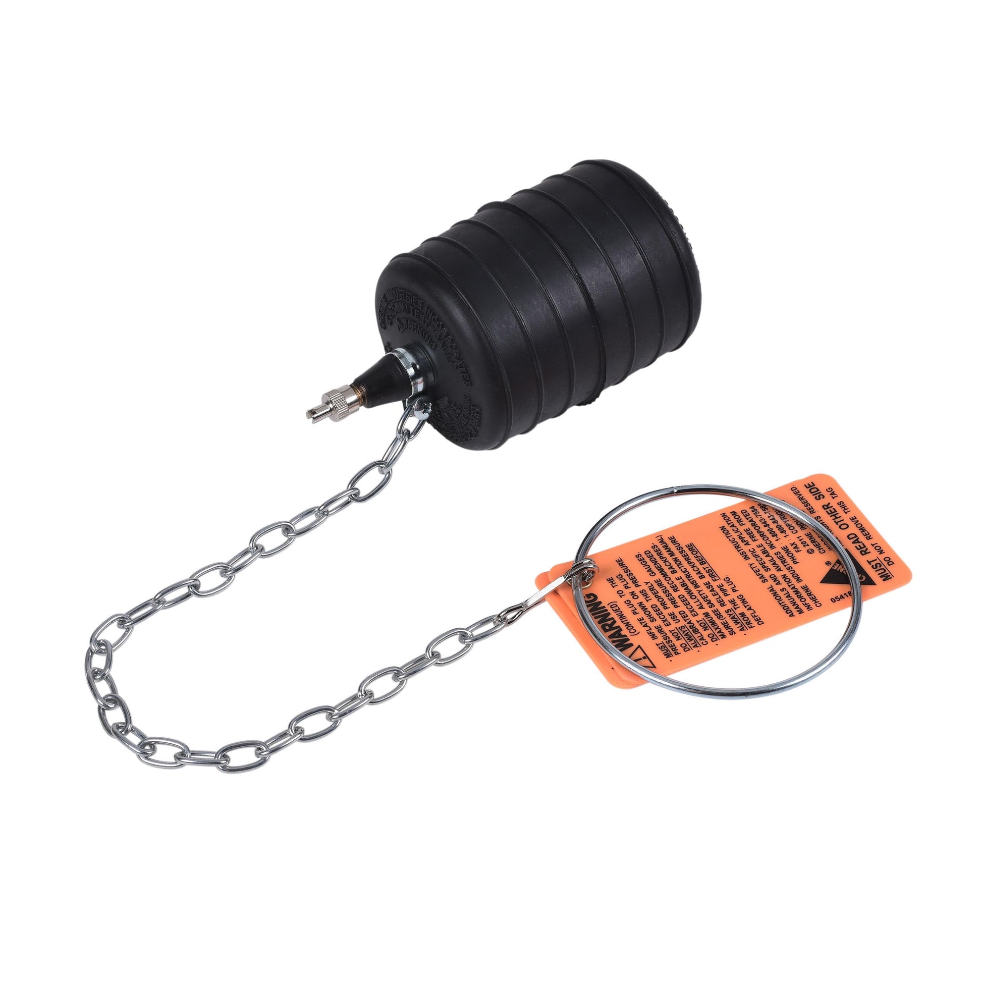 Black 3-inch test-ball plug with metal chain and metal stem connected to orange display bag.