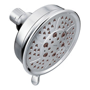 Chrome round shower head with multiple spray jets and adjustment dial, mounted on angled arm.