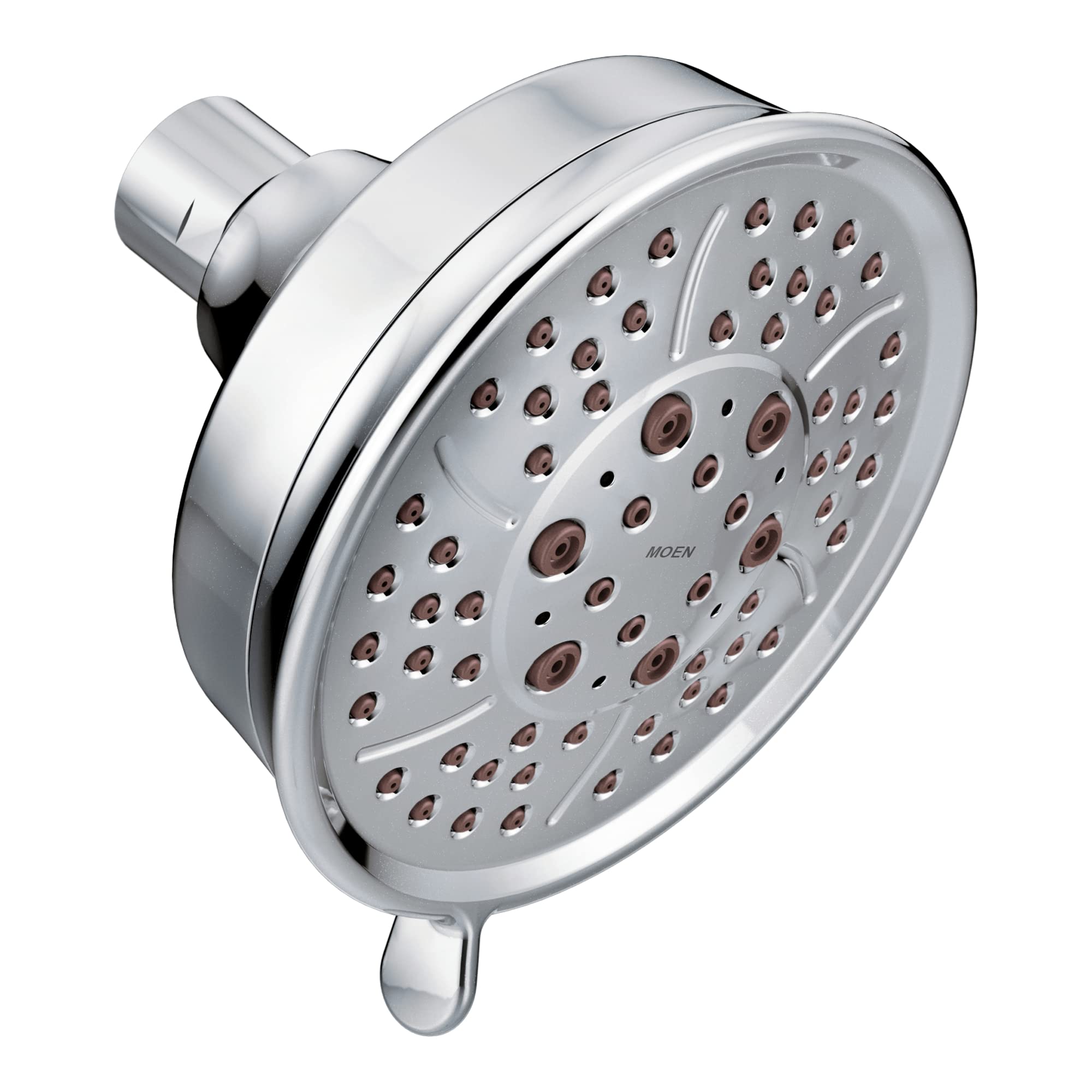 Chrome round shower head with multiple spray jets and adjustment dial, mounted on angled arm.
