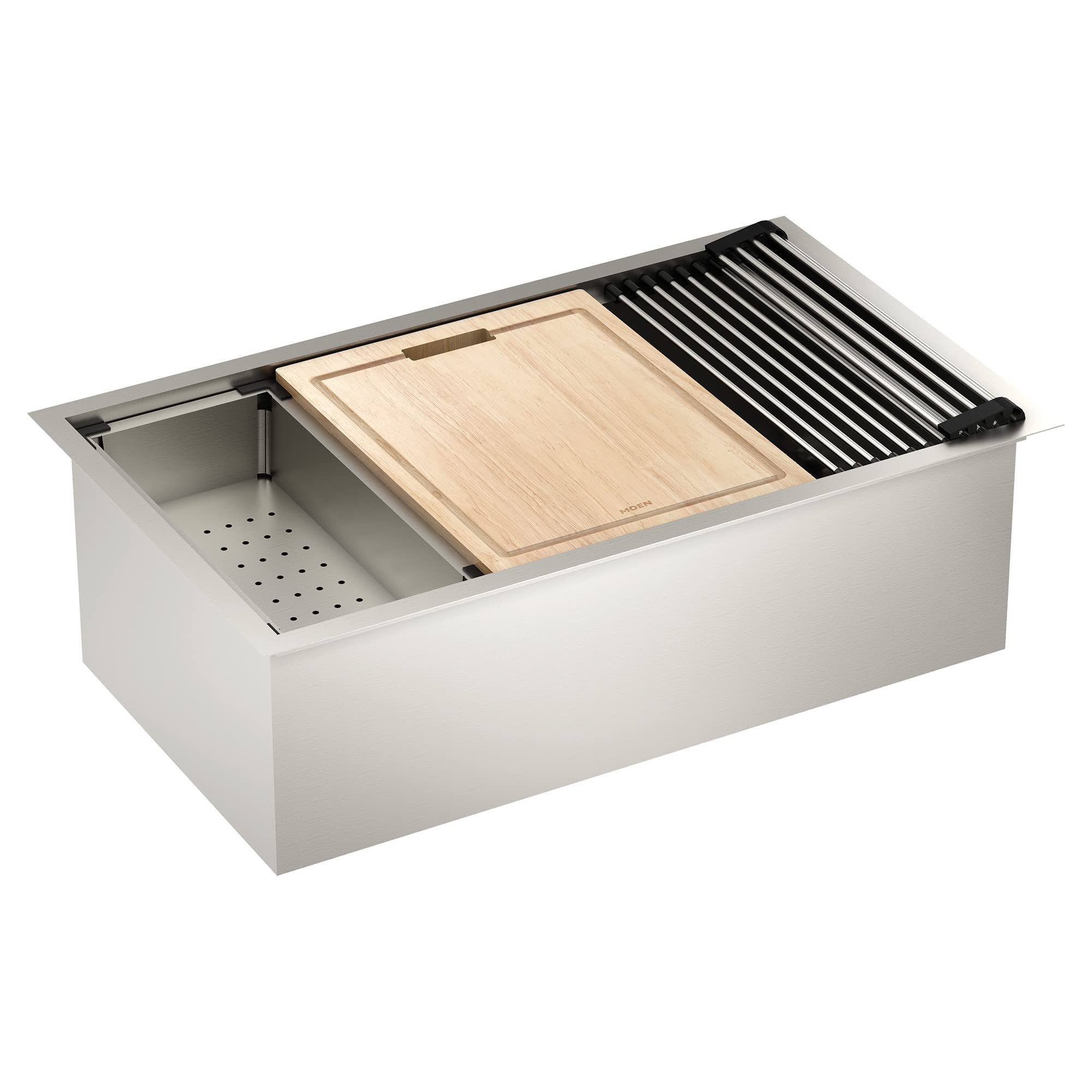 Stainless steel undermount sink with wooden cutting board, black drying rack, colander, and grid accessories displayed.