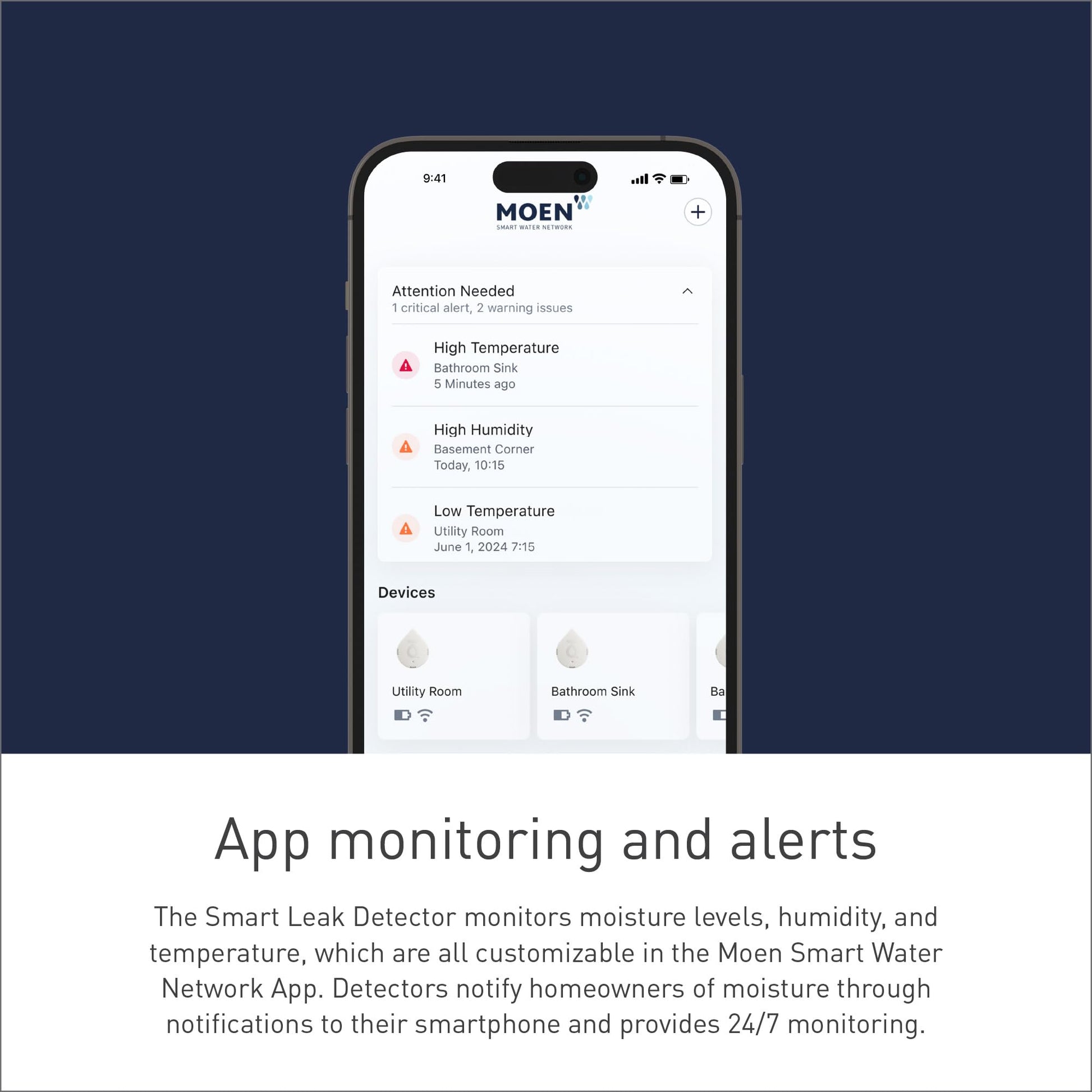 Smartphone displaying Moen Flo app with leak detector alerts for high temperature, high humidity, and low temperature across 
