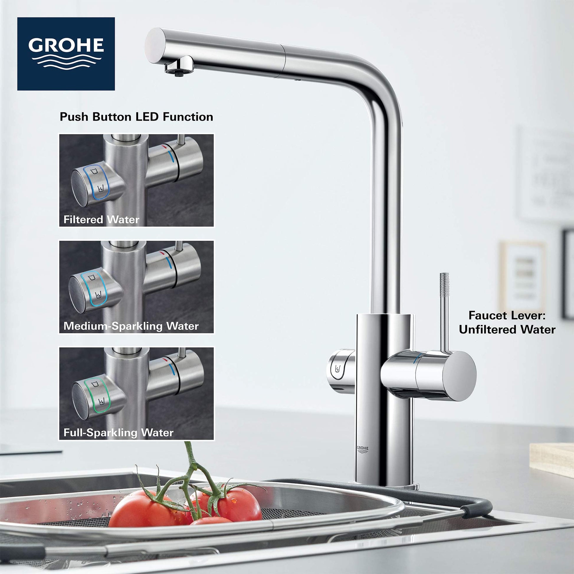 Chrome pull-out kitchen faucet with single handle lever and push-button LED function for filtered, chilled, and sparkling wat