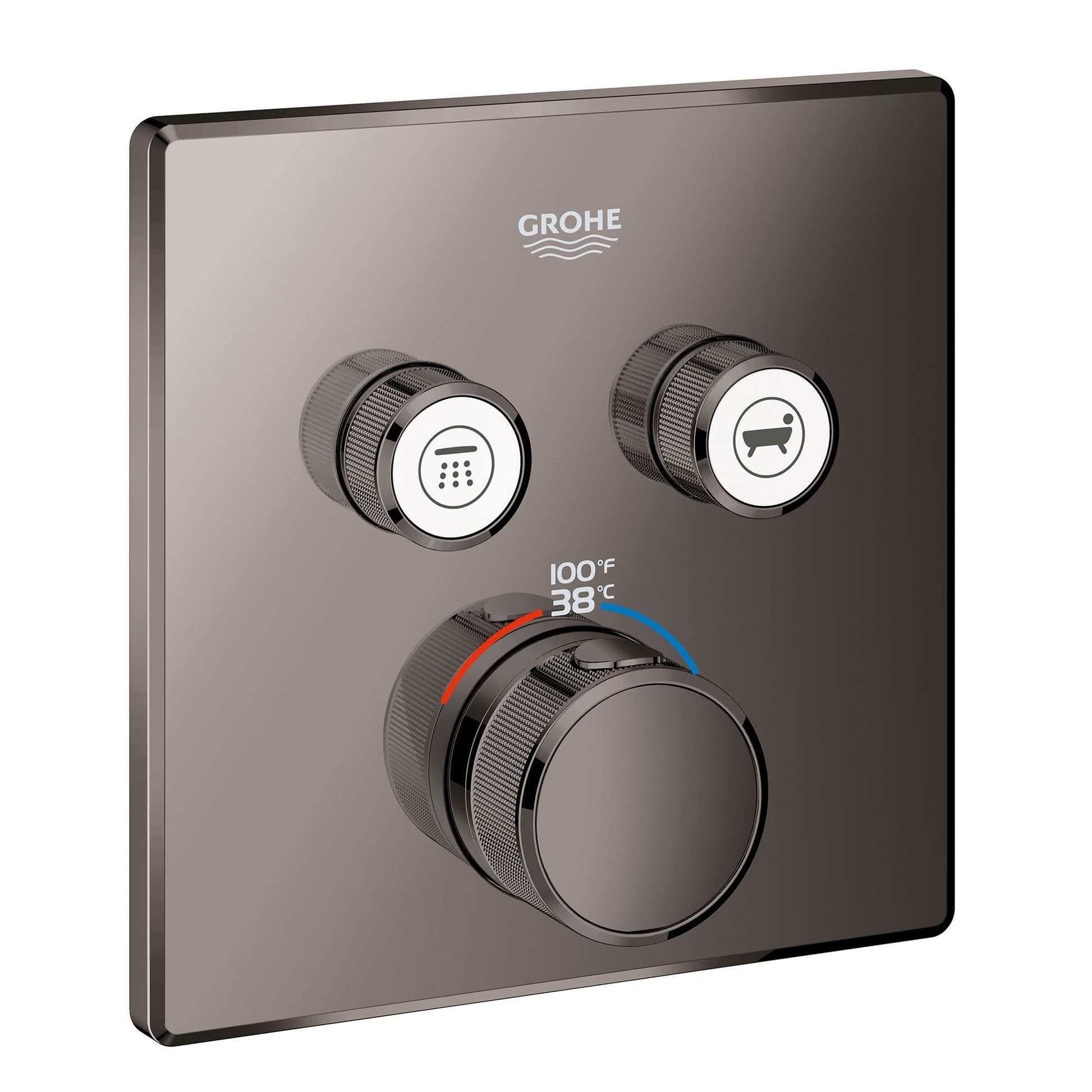 Grohe thermostatic valve trim with two function buttons and large temperature control dial in hard graphite finish.