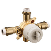 Brass mixing valve with white CPVC connections, four ports, and cross-handle control valve in center.