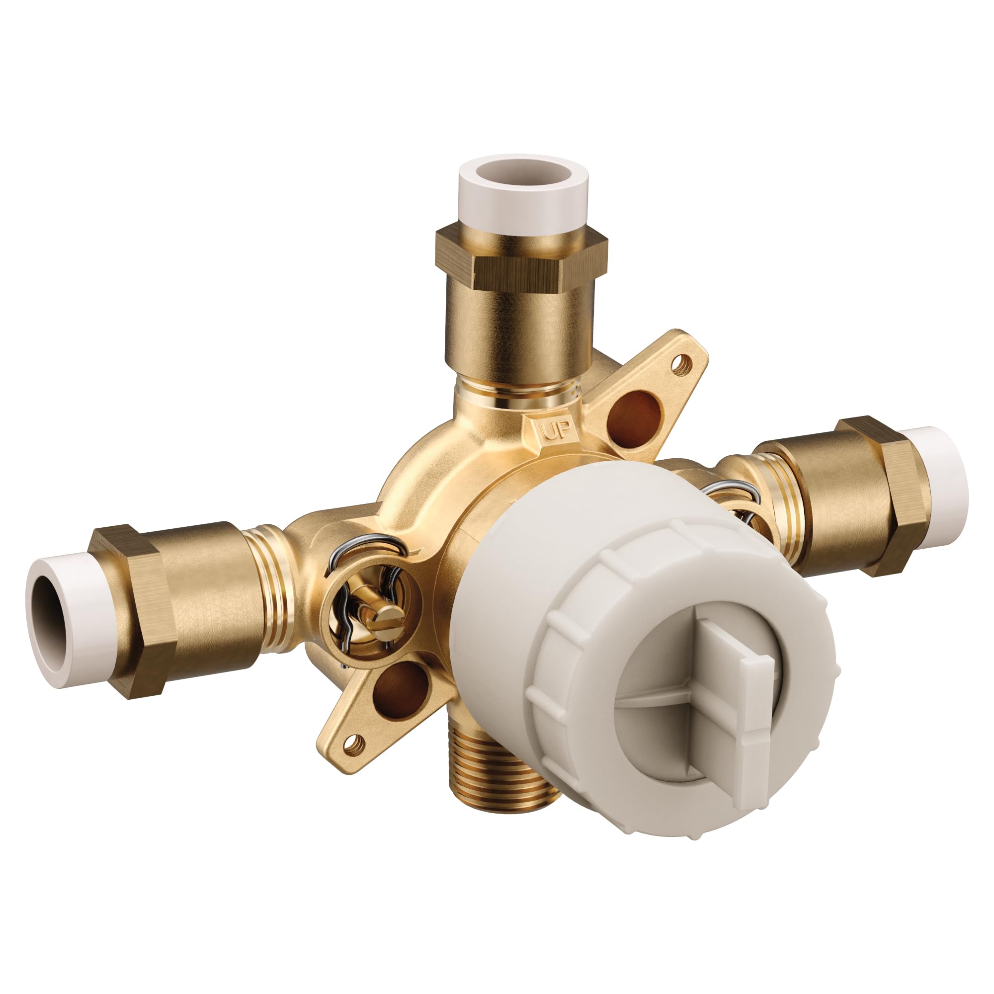 Brass mixing valve with white CPVC connections, four ports, and cross-handle control valve in center.