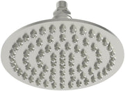 Satin nickel round shower head with multiple spray nozzles and adjustable arm connection.