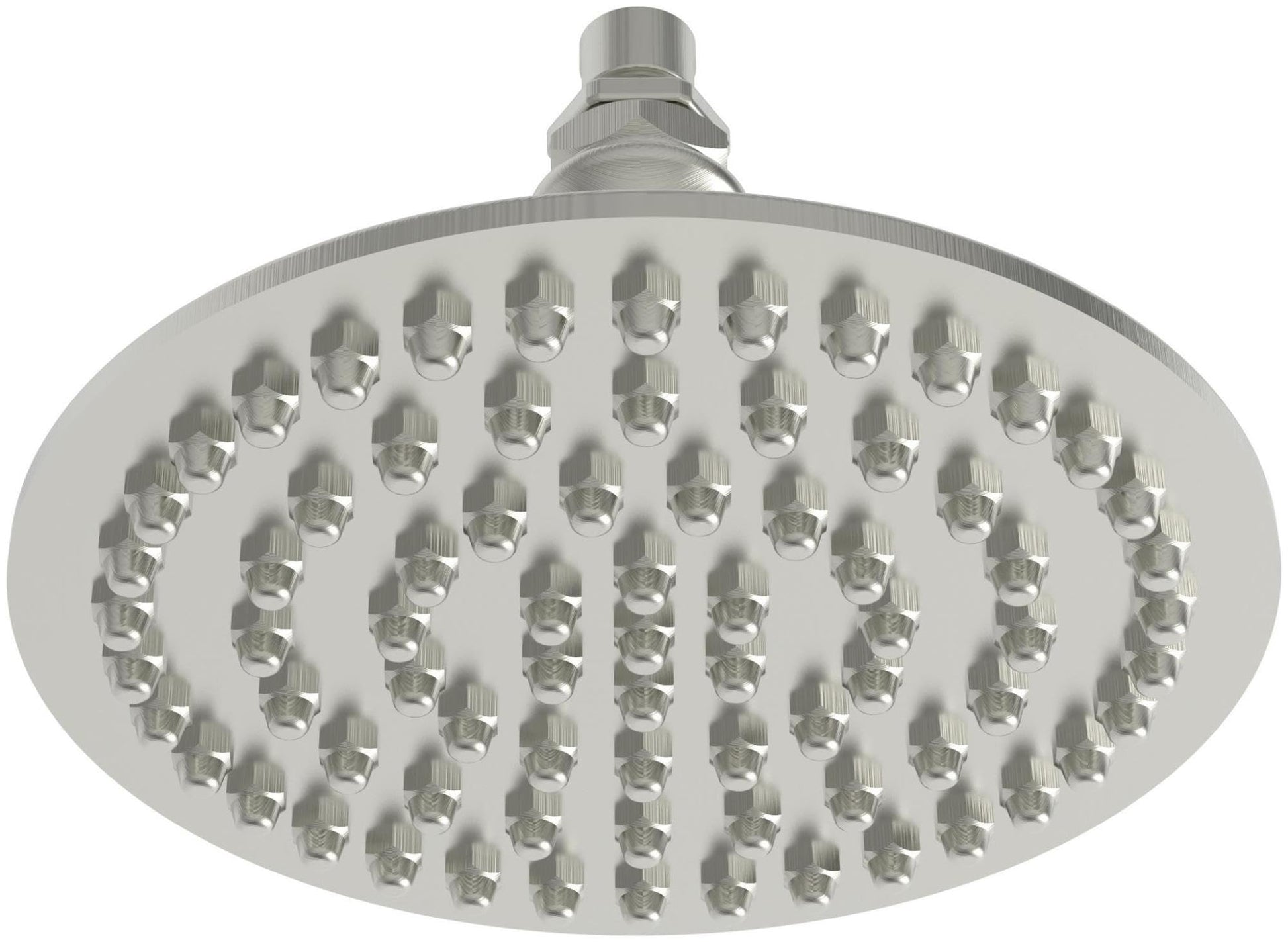 Satin nickel round shower head with multiple spray nozzles and adjustable arm connection.