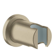 Brushed nickel wall-mounted hand shower holder with cylindrical body and adjustable slide bracket.