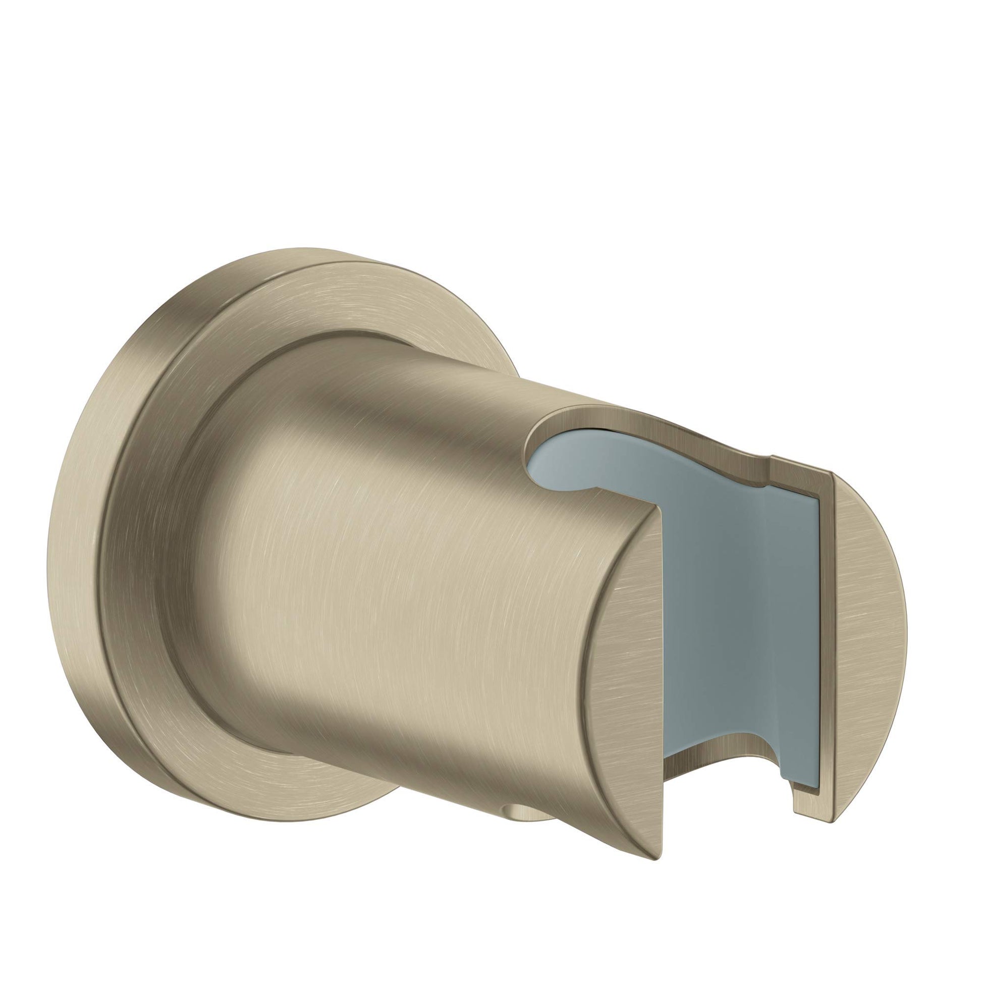 Brushed nickel wall-mounted hand shower holder with cylindrical body and adjustable slide bracket.