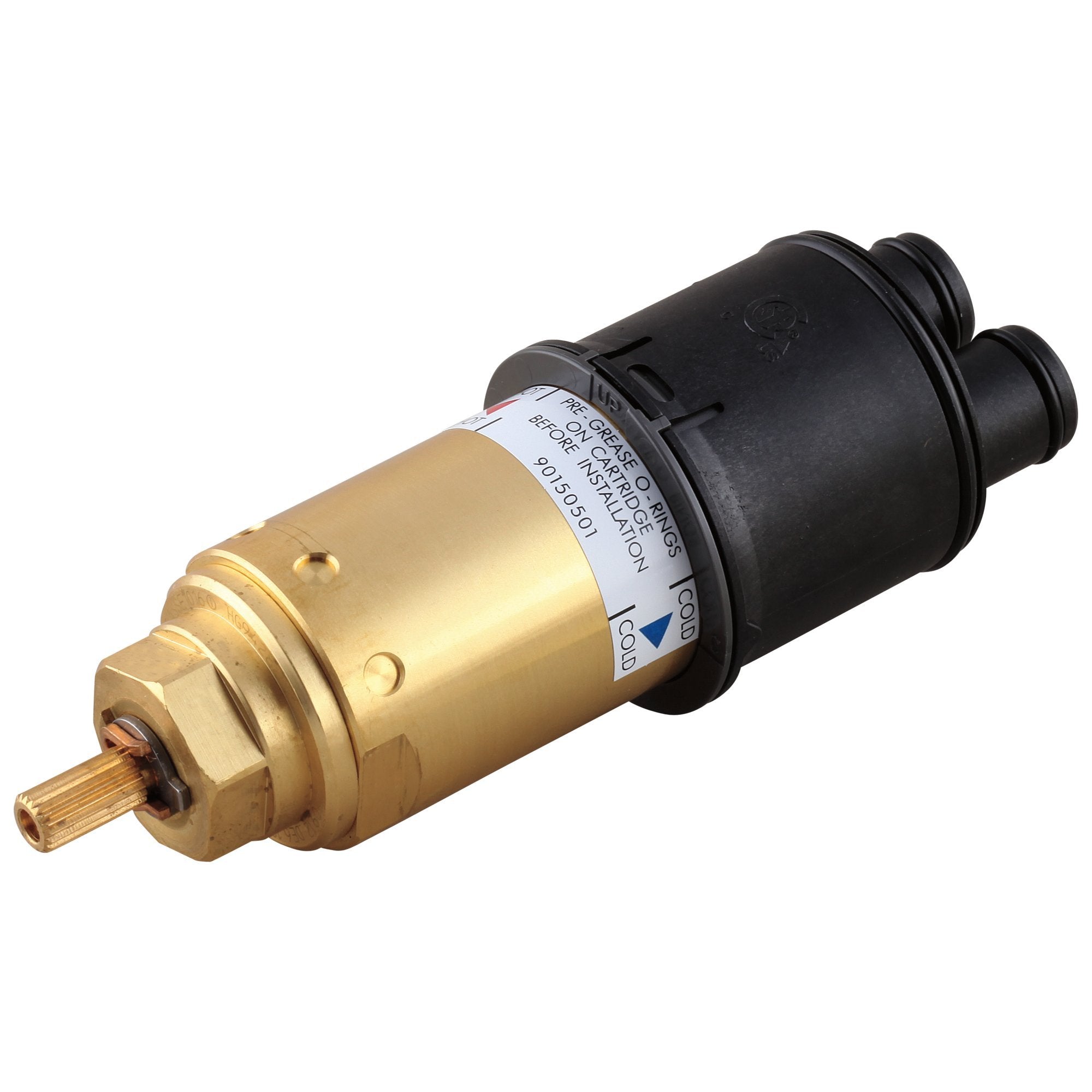 Brass and black cartridge assembly with inlet port and labeled identification band.