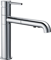 Chrome single handle kitchen faucet with pull-out sprayer and curved spout.