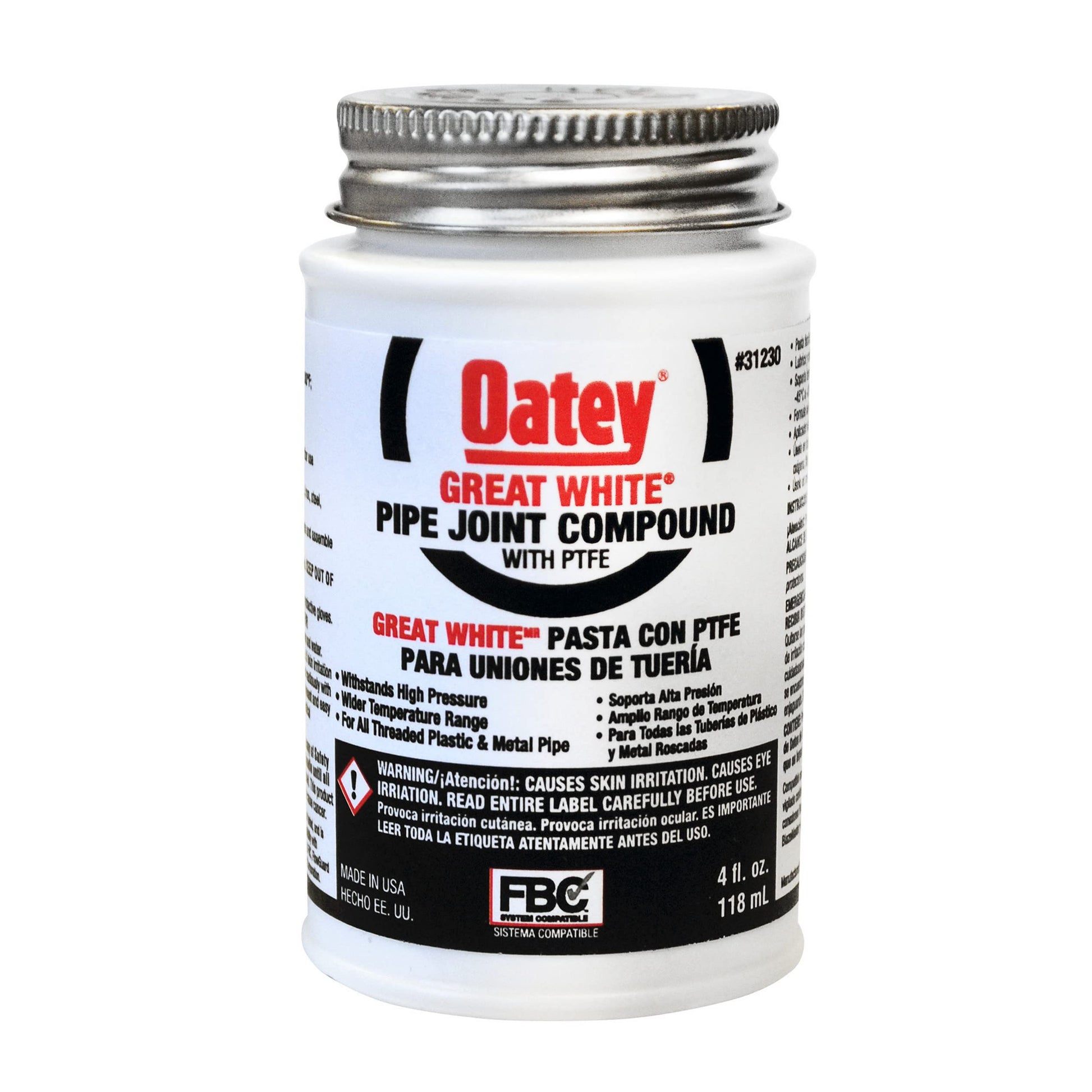 White Oatey Great White pipe joint compound tube with metal screw cap and black label containing product information.