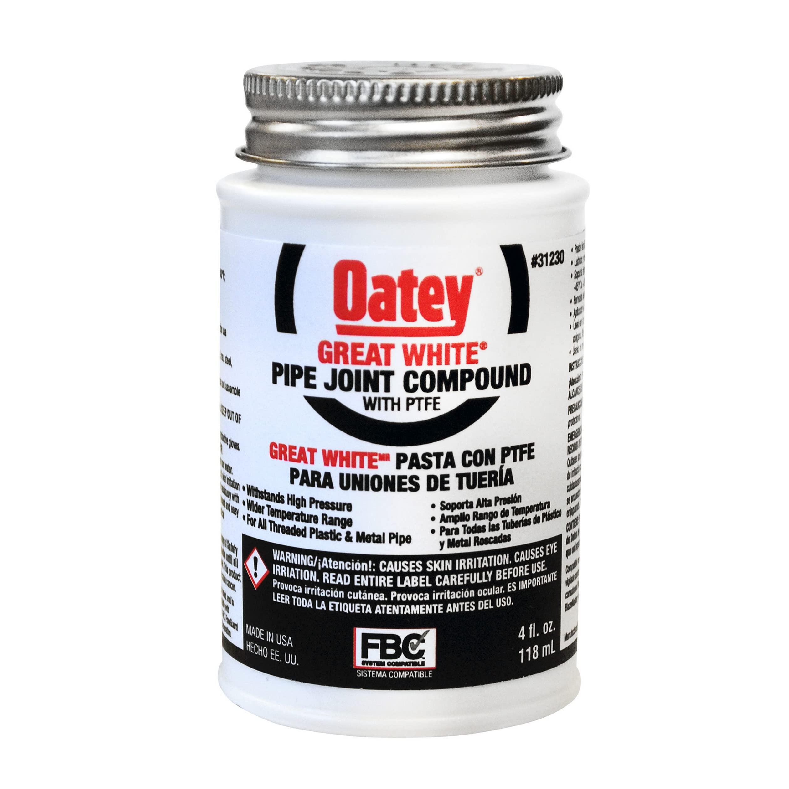 White Oatey Great White pipe joint compound tube with metal screw cap and black label containing product information.