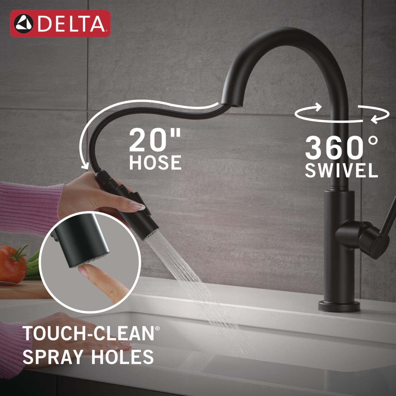 Matte black single-handle pull-down kitchen faucet with 20-inch hose and 360-degree swivel spout.