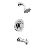 Chrome tub and shower trim kit with round shower head, lever valve control, and tub spout.