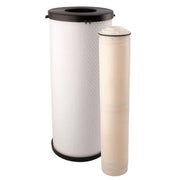 Two cylindrical water filter cartridges with black caps, one larger white radial flow cartridge and one smaller cream-colored