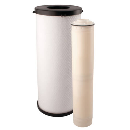 Two cylindrical water filter cartridges with black caps, one larger white radial flow cartridge and one smaller cream-colored