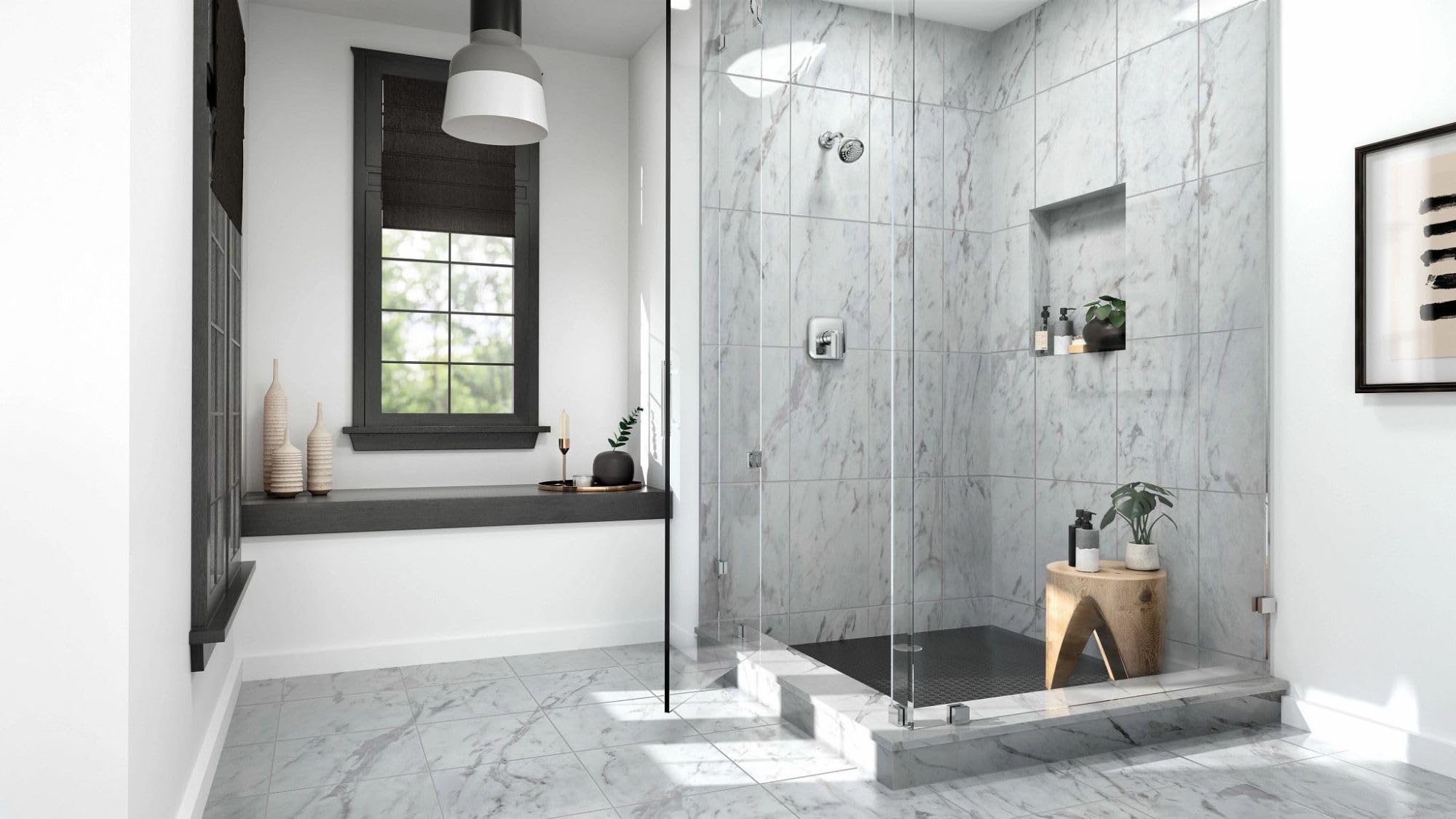 Chrome single-handle shower trim kit mounted on marble tile wall in contemporary bathroom setting.