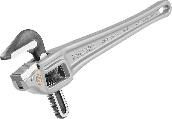 RIDGID 18 inch aluminum offset pipe wrench with serrated jaw and adjustable grip mechanism.