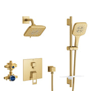 Brushed gold shower set with fixed overhead head, handheld showerhead on slide bar, wall-mounted valve trim, and pressure bal