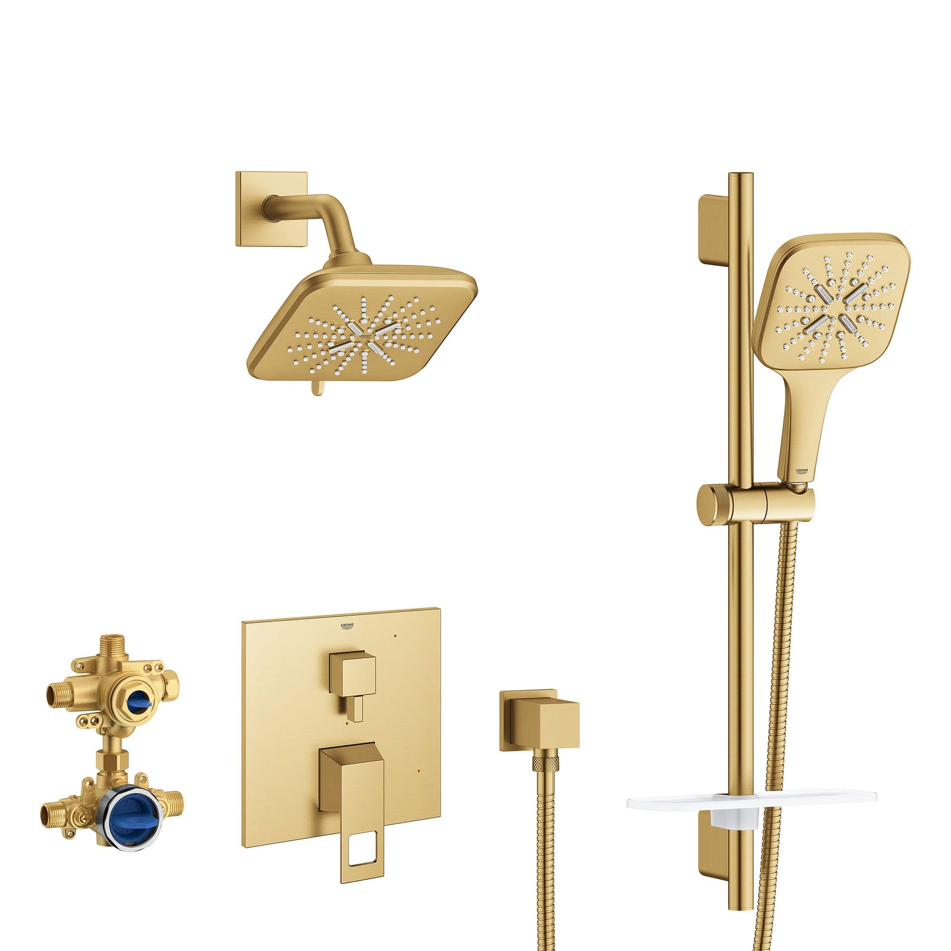 Brushed gold shower set with fixed overhead head, handheld showerhead on slide bar, wall-mounted valve trim, and pressure bal