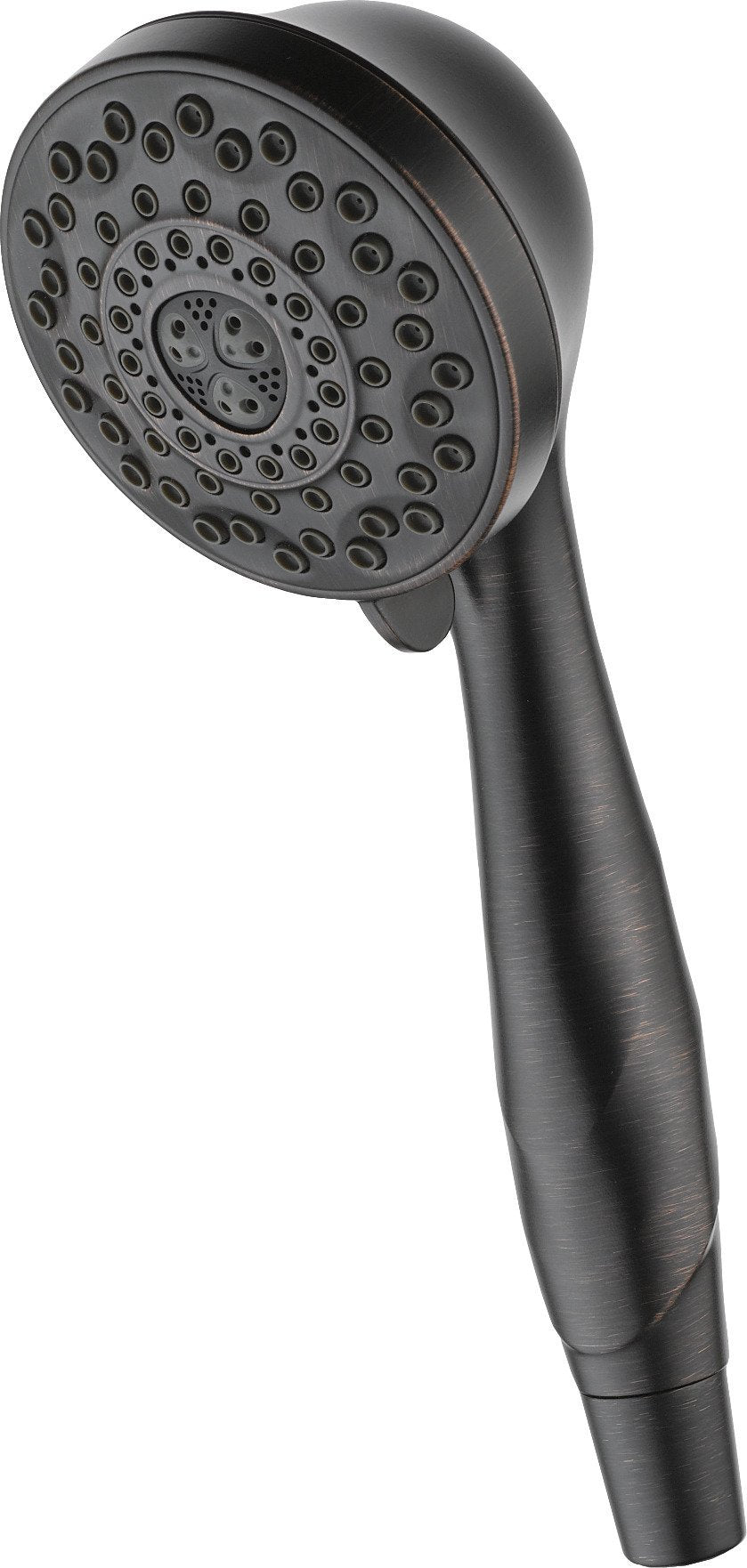 Black hand shower with round head featuring multiple spray holes arranged in concentric circles and tapered handle.