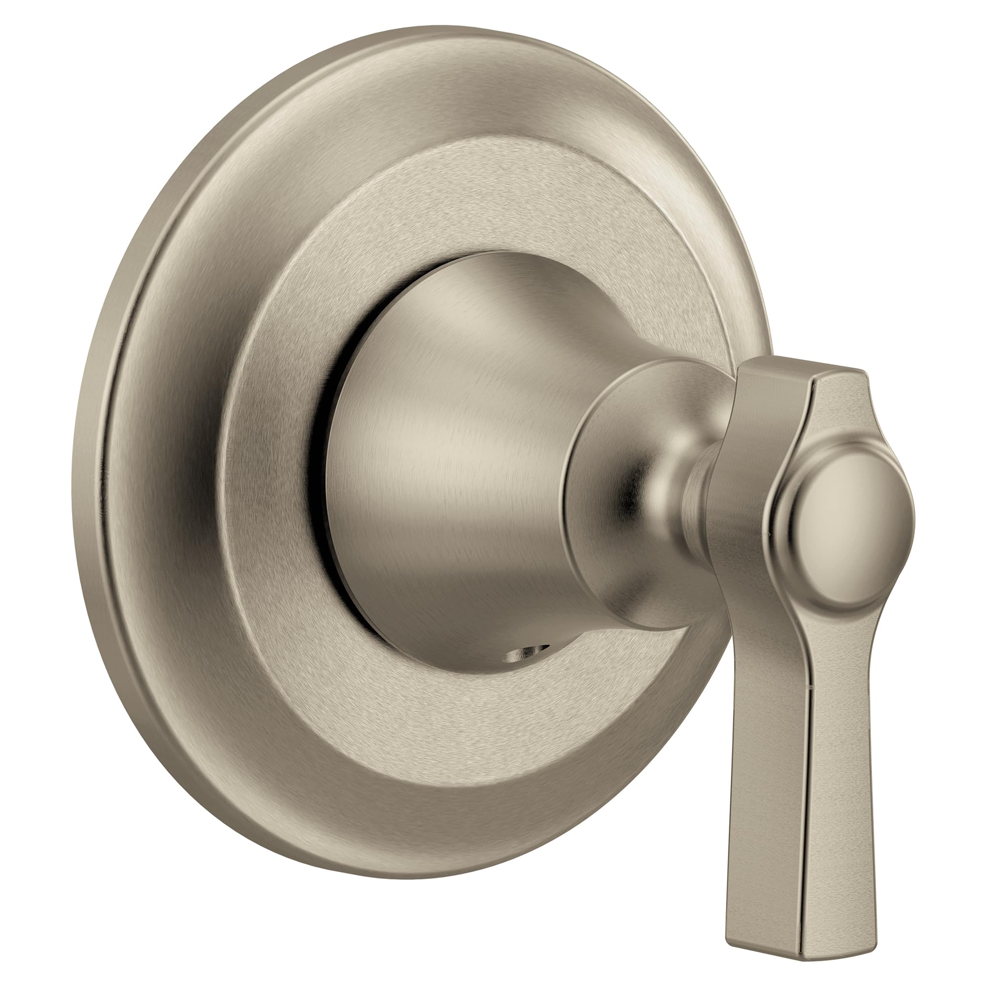 Brushed nickel single-handle shower valve trim with circular escutcheon plate and lever handle.