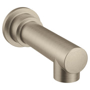 Brushed nickel tub spout with cylindrical body, angled downward outlet, and circular wall flange.