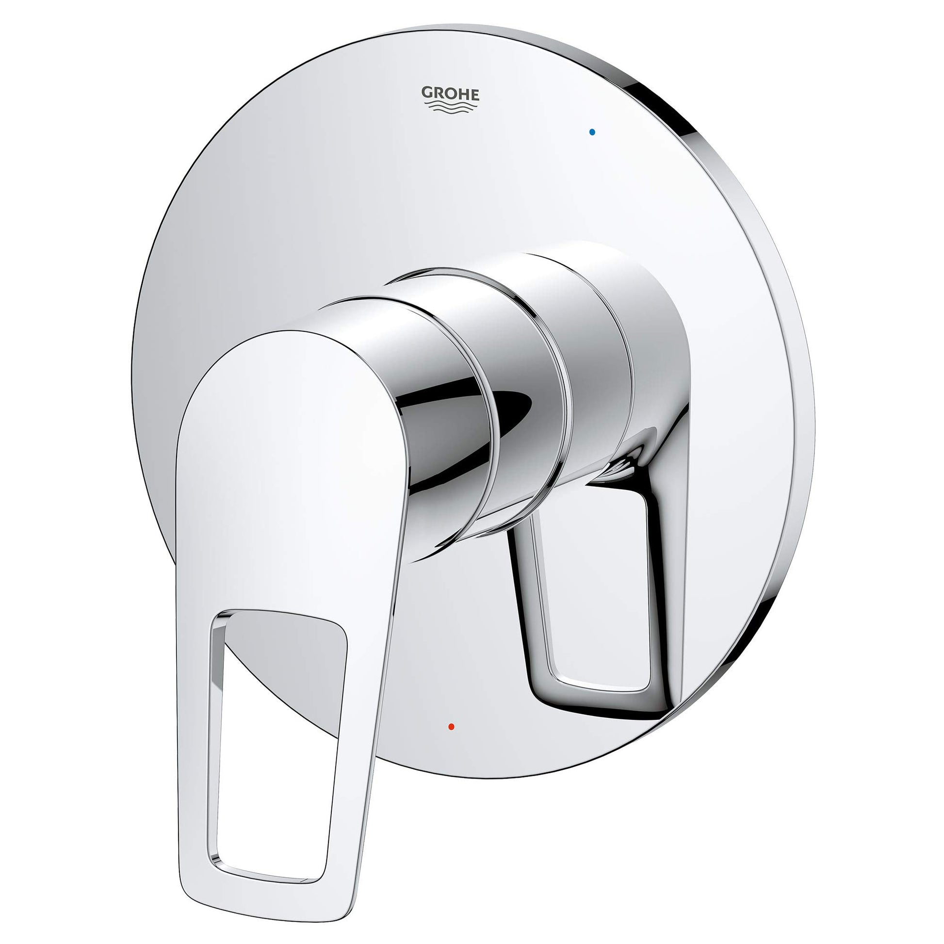 Grohe Bauloop chrome pressure balance valve trim with round escutcheon plate and lever handle.