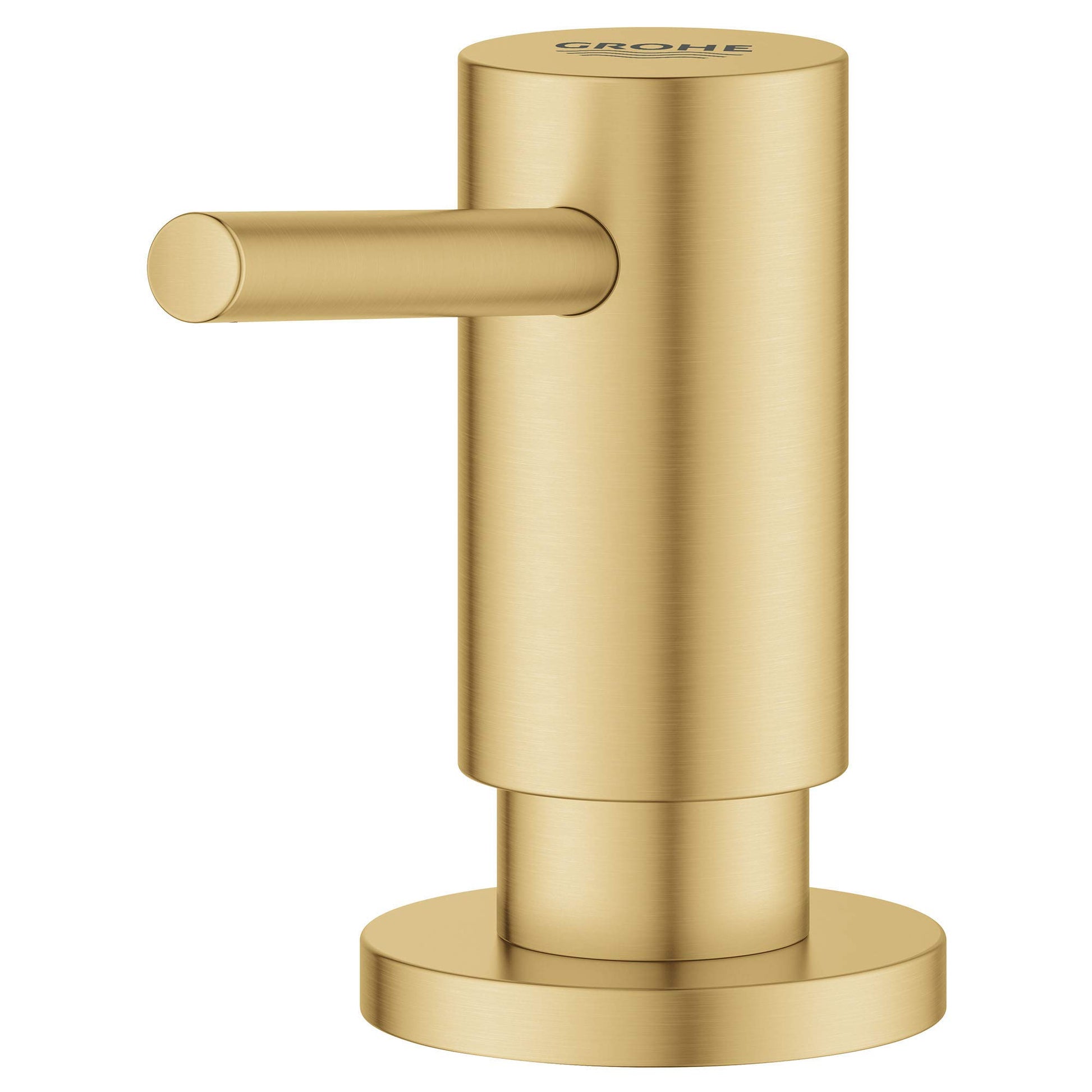 Grohe Cosmopolitan soap dispenser in brushed gold with cylindrical pump and round base.